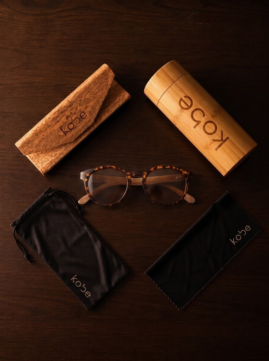 Agave Brown sunglasses with bamboo travel case, foldable cork case, microfibre pouch and microfibre cleaning cloth