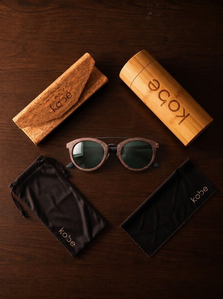 Arashi Walnut sunglasses with bamboo travel case, foldable cork case, microfibre pouch and microfibre cleaning cloth