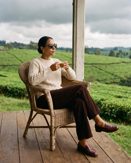 Woman with tea on a tea estate veranda in Arashi Walnut sunglasses by Kobe Afrika