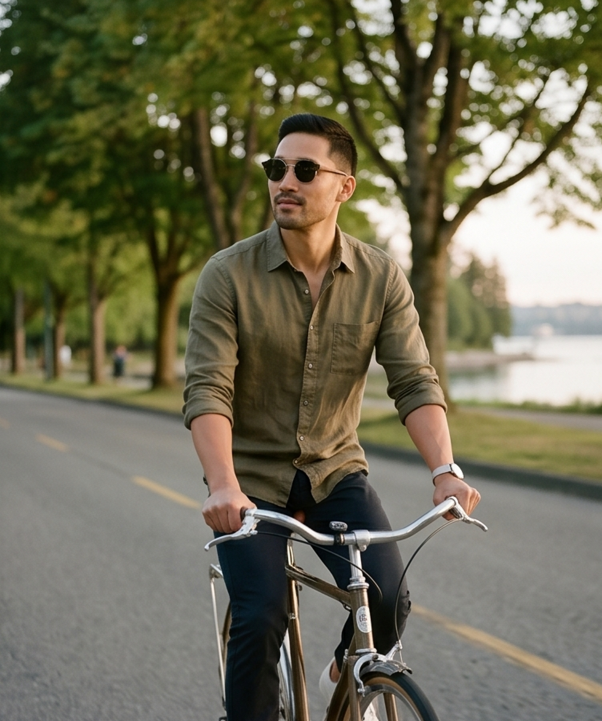 Man cycling down a tree-lined road in Atacama Ebony sunglasses by Kobe Afrika