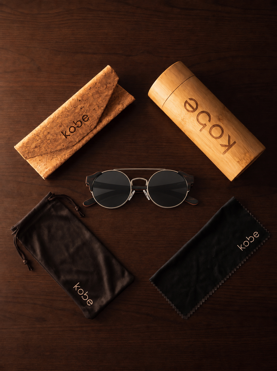 Atacama Ebony sunglasses with bamboo travel case, foldable cork case, microfibre pouch and microfibre cleaning cloth