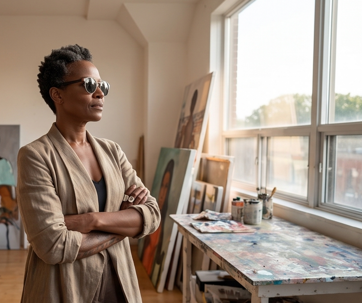 Woman in an artist studio wearing Atacama Ebony sunglasses by Kobe Afrika