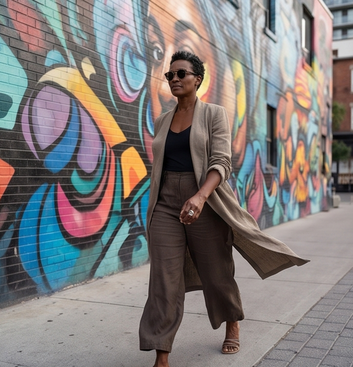 Woman walking past a street mural in Atacama Ebony sunglasses by Kobe Afrika