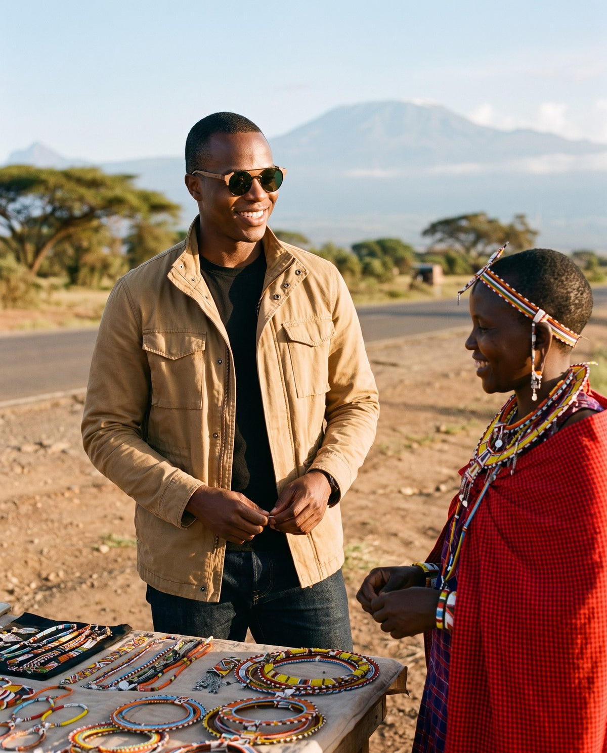 Man chatting with a Maasai beadwork seller in Atacama Walnut sunglasses by Kobe Afrika