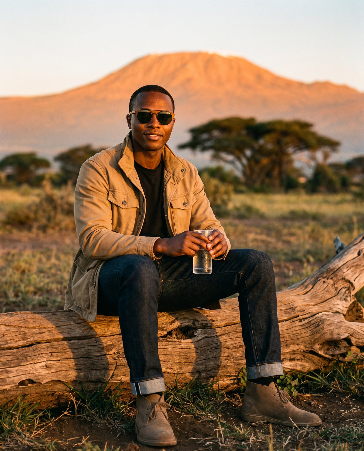 Man sitting on a log at sunset below Kilimanjaro in Atacama Walnut sunglasses by Kobe Afrika