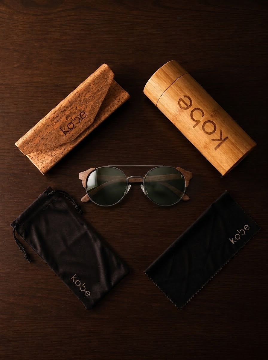 Atacama Walnut sunglasses with bamboo travel case, foldable cork case, microfibre pouch and microfibre cleaning cloth