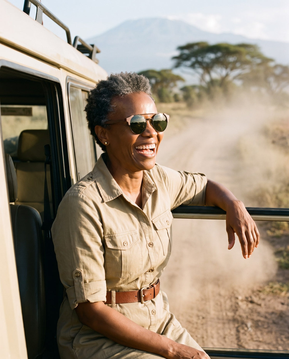 Woman laughing in an open safari vehicle in Atacama Walnut sunglasses by Kobe Afrika