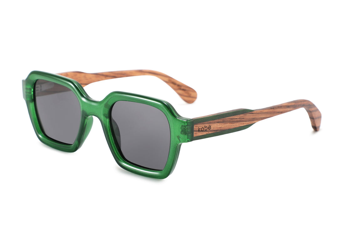 Bali sunglasses by Kobe Afrika in green with zebrawood arms