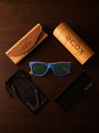Boracay Blue sunglasses with bamboo travel case, foldable cork case, microfibre pouch and microfibre cleaning cloth