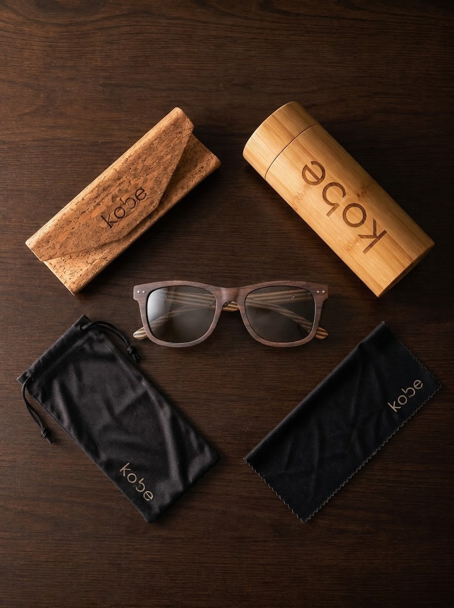 Borneo Skate Blue sunglasses with bamboo travel case, foldable cork case, microfibre pouch and microfibre cleaning cloth