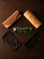 Chalbi Green sunglasses with bamboo travel case, foldable cork case, microfibre pouch and microfibre cleaning cloth