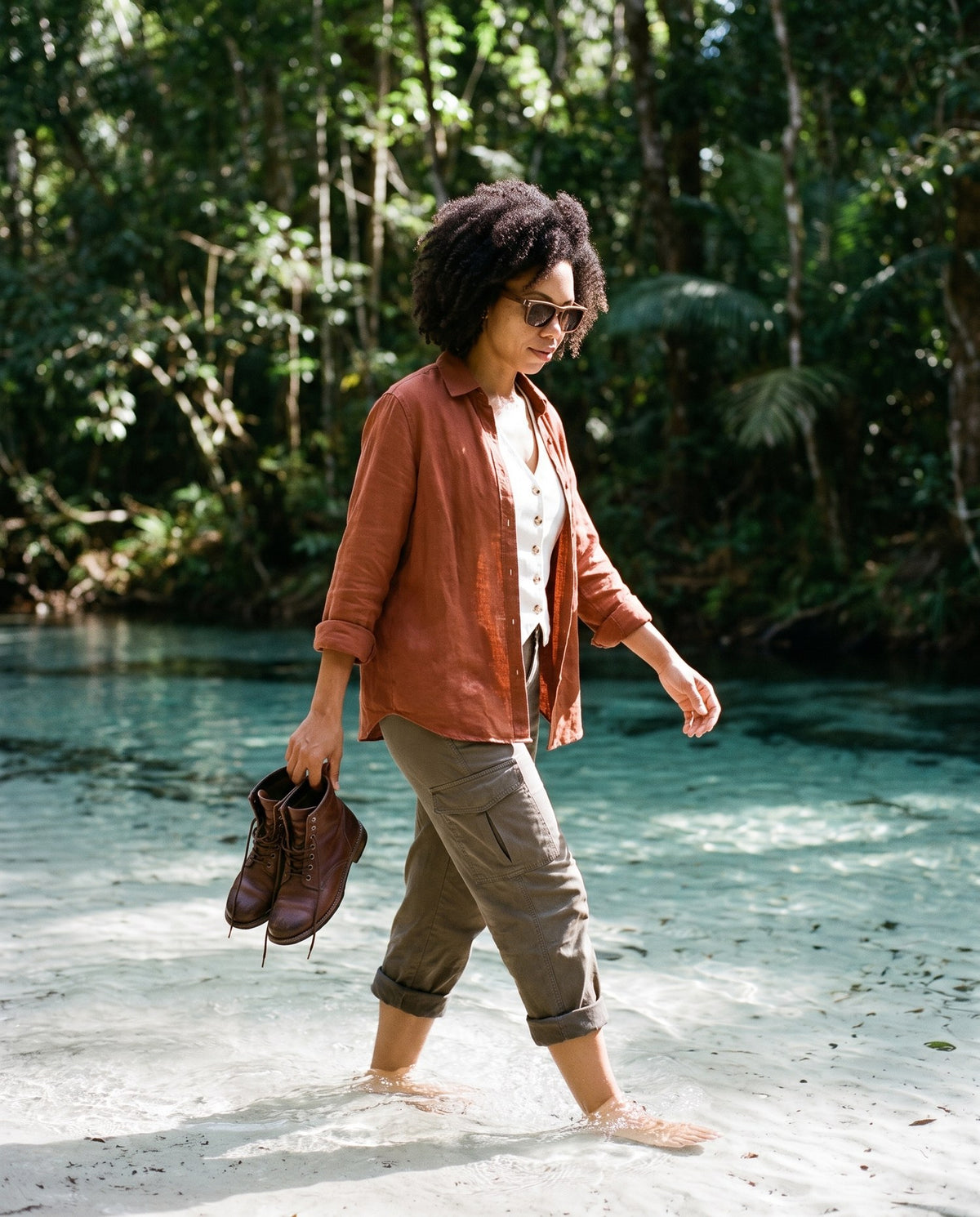 Woman wading through a rainforest creek in Fraser Walnut sunglasses by Kobe Afrika