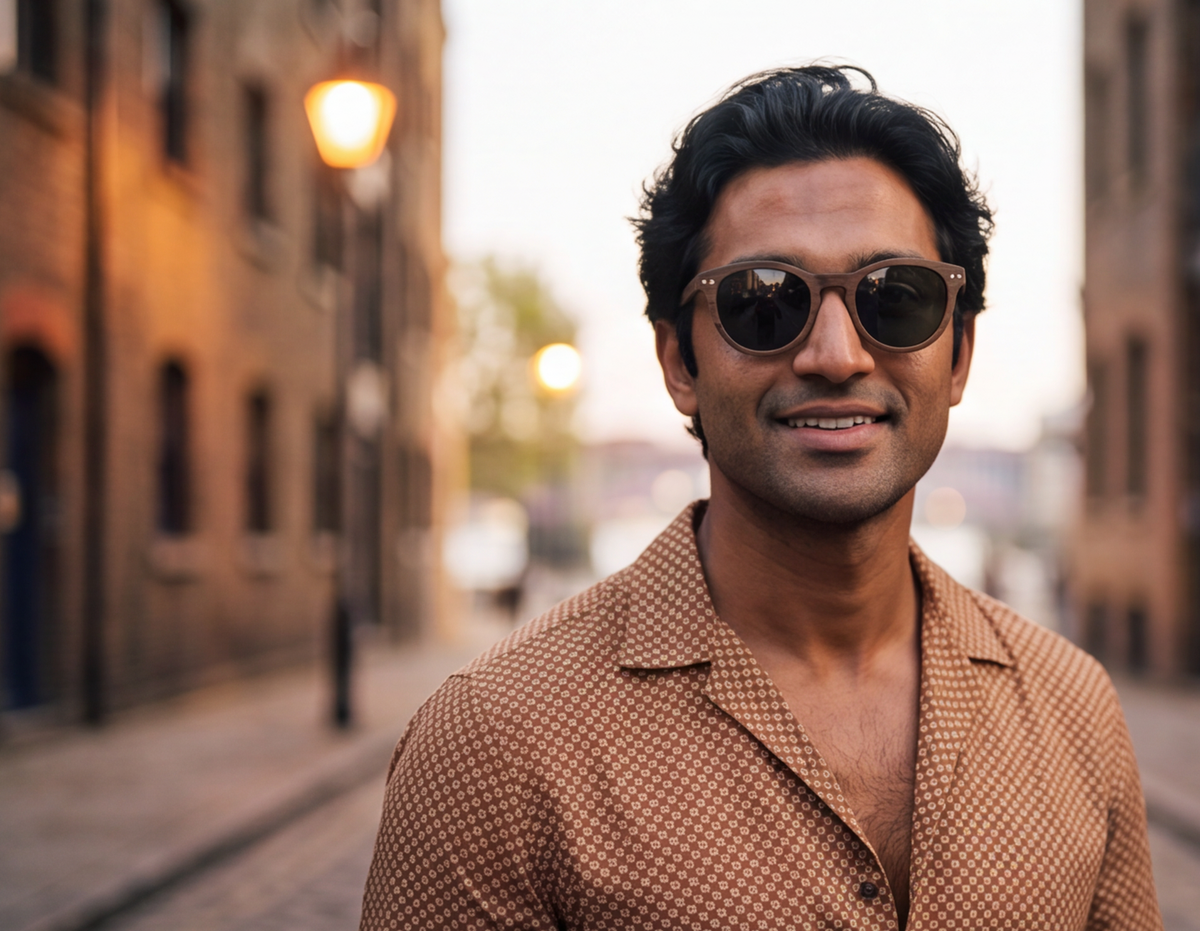 Man on an old-town street in the evening wearing Java Walnut sunglasses by Kobe Afrika, close-up