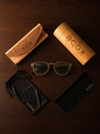 Java Walnut sunglasses with bamboo travel case, foldable cork case, microfibre pouch and microfibre cleaning cloth