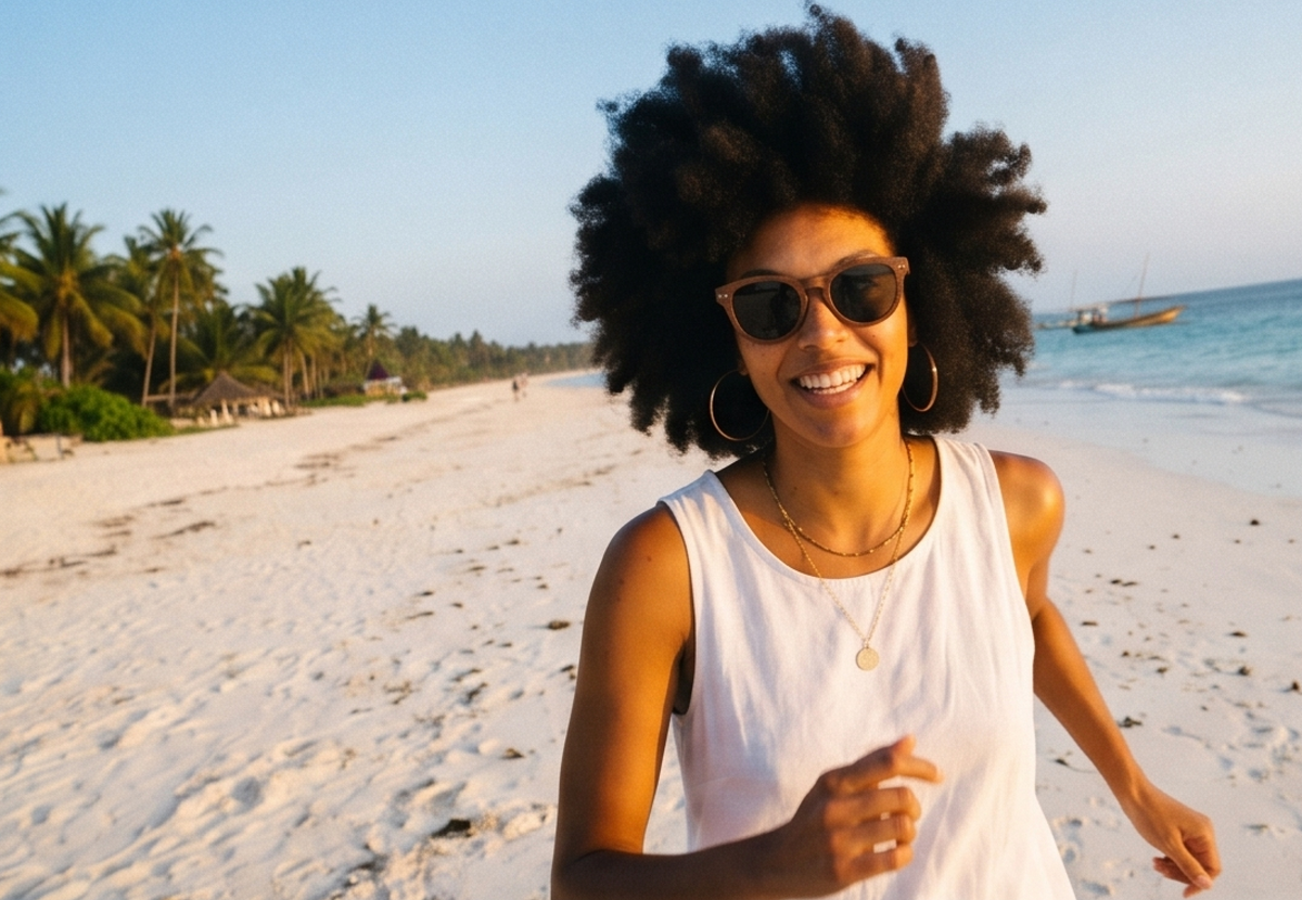 Woman on a white sand beach in Java Walnut sunglasses by Kobe Afrika