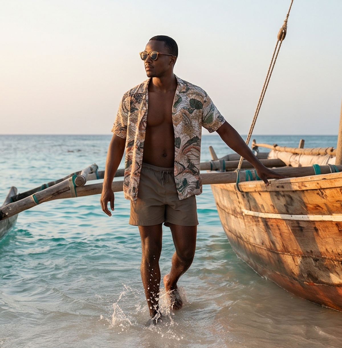 Man wading beside a dhow in Kara Ebony sunglasses by Kobe Afrika