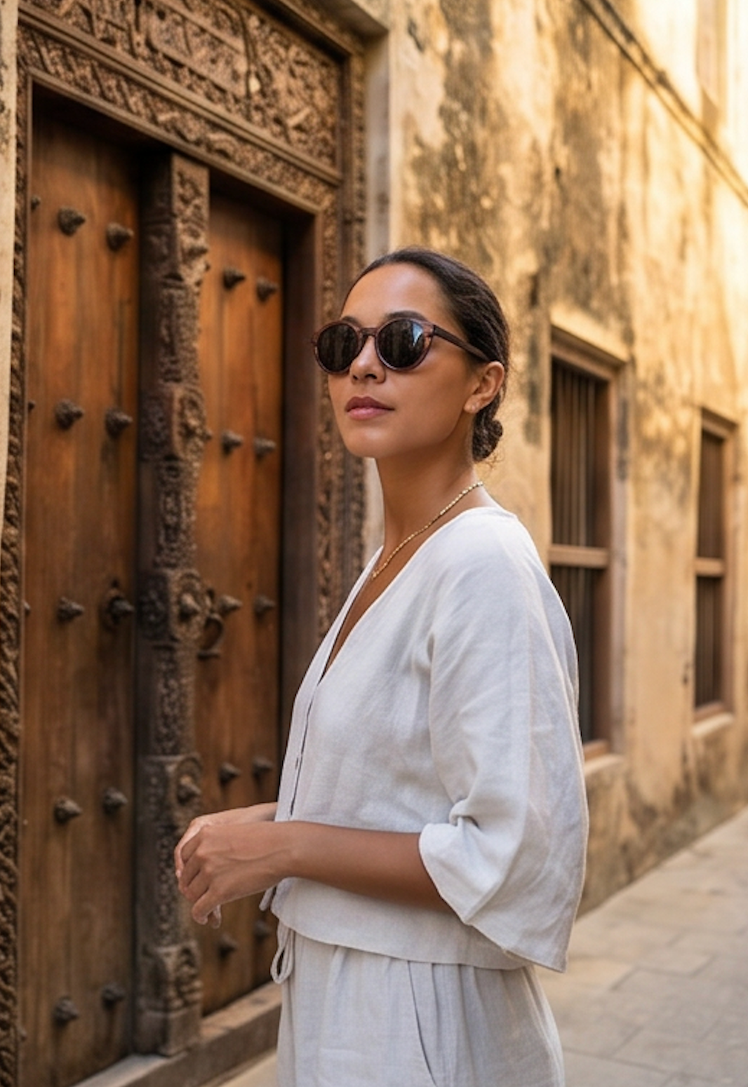 Woman by a carved wooden door in an old town wearing Kara Ebony sunglasses by Kobe Afrika