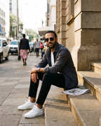 Man sitting on city steps in Kyzyl Ebony sunglasses by Kobe Afrika