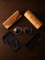 Kyzyl Ebony sunglasses with bamboo travel case, foldable cork case, microfibre pouch and microfibre cleaning cloth