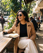 Woman laughing at a pavement cafe in Kyzyl Ebony sunglasses by Kobe Afrika