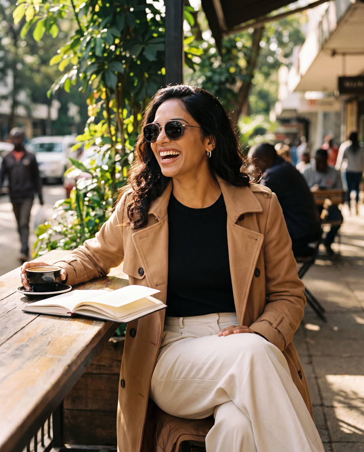 Woman laughing at a pavement cafe in Kyzyl Ebony sunglasses by Kobe Afrika