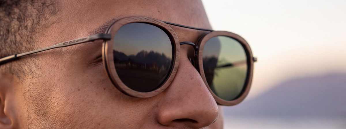 Close-up of Kyzyl Walnut sunglasses by Kobe Afrika on a man, showing the wood grain and lens