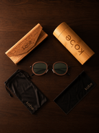 Kyzyl Walnut sunglasses with bamboo travel case, foldable cork case, microfibre pouch and microfibre cleaning cloth