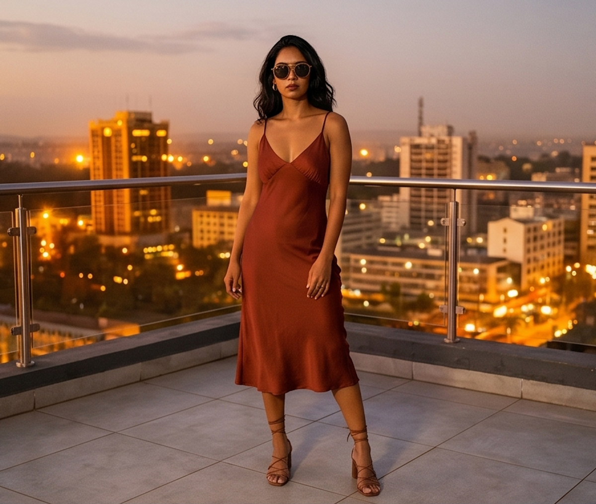 Woman on a balcony above the city lights in Kyzyl Walnut sunglasses by Kobe Afrika