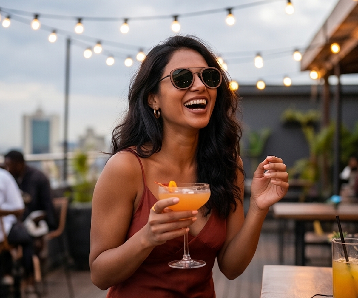 Woman laughing at a rooftop bar in Kyzyl Walnut sunglasses by Kobe Afrika