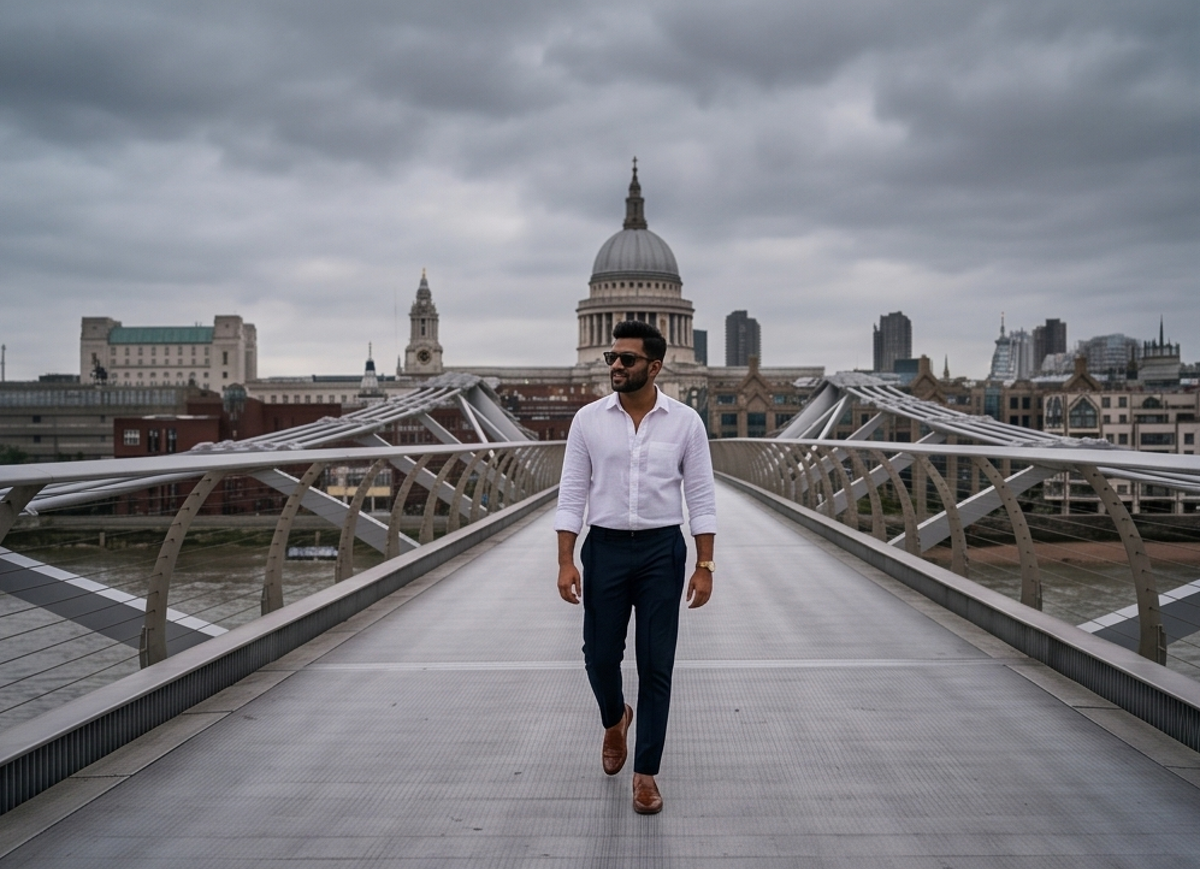 Man crossing a footbridge in London in Namib Ebony sunglasses by Kobe Afrika