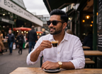 Man with an espresso at Borough Market, London, in Namib Ebony sunglasses by Kobe Afrika