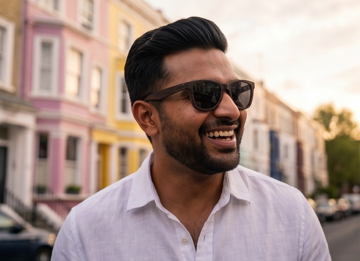 Man on a pastel terraced street wearing Namib Ebony sunglasses by Kobe Afrika, close-up