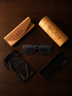 Namib Ebony sunglasses with bamboo travel case, foldable cork case, microfibre pouch and microfibre cleaning cloth