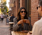 Woman with coffee at a street cafe in Namib Ebony sunglasses by Kobe Afrika