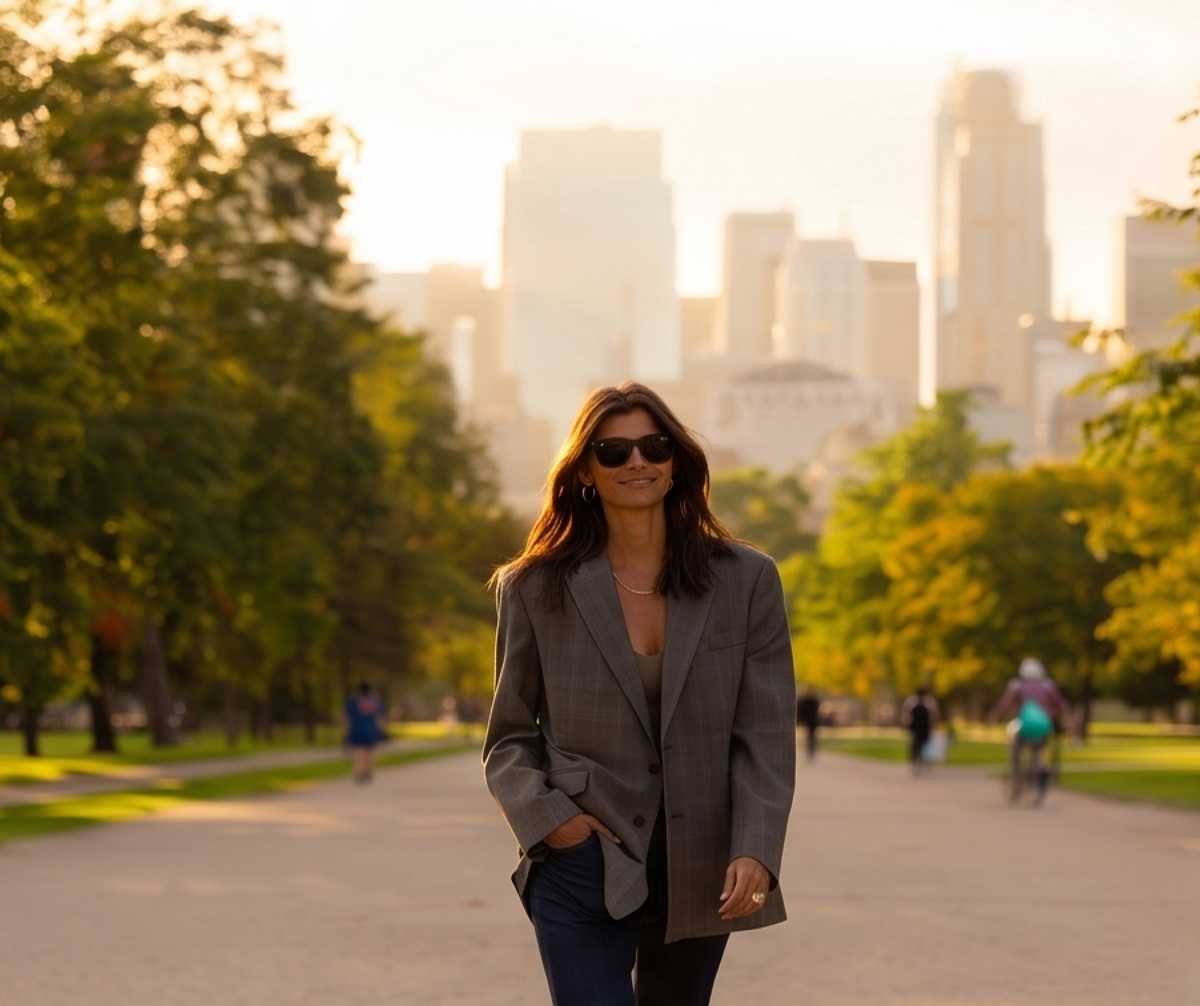 Woman walking through a city park in Namib Ebony sunglasses by Kobe Afrika