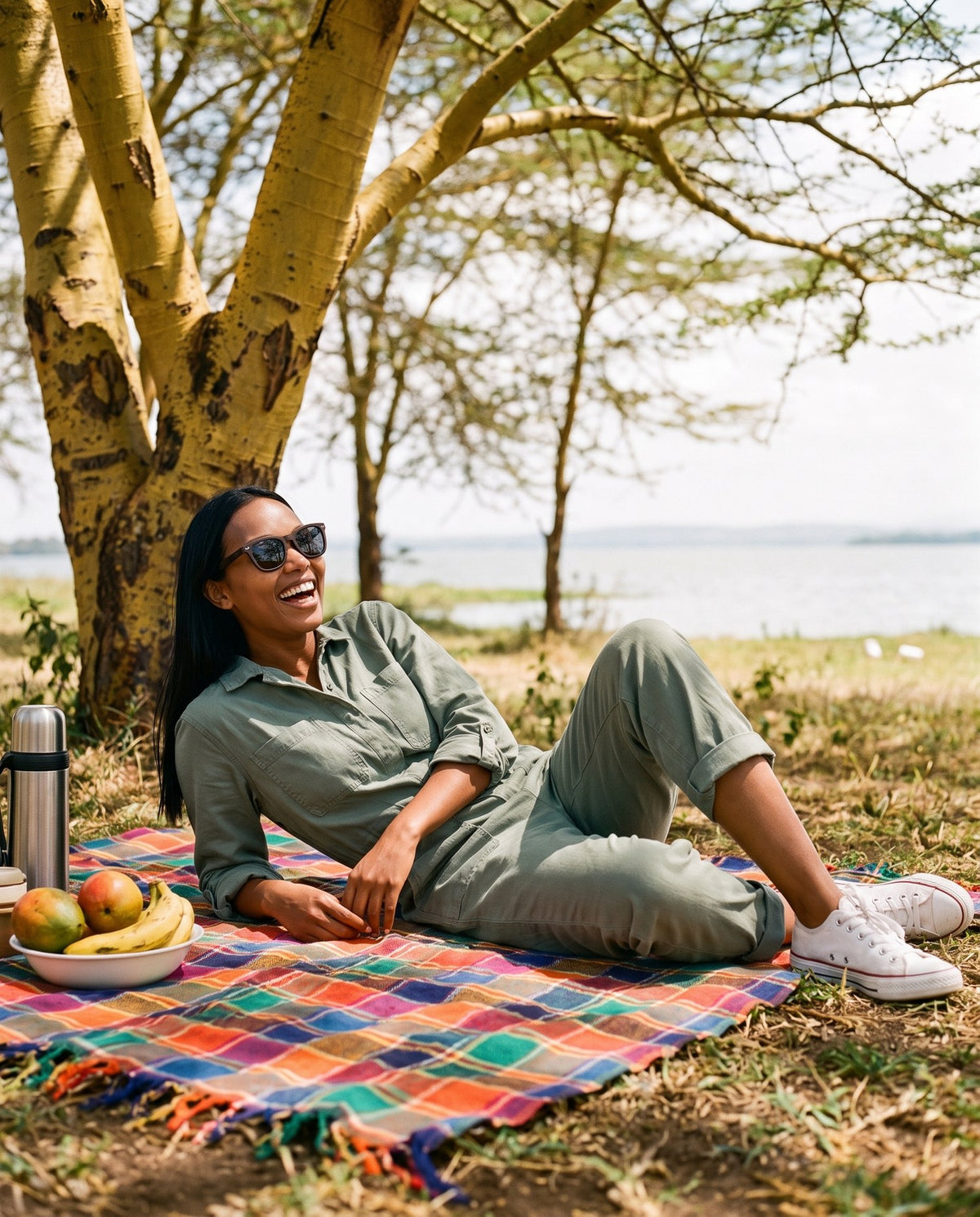 Woman picnicking by a lake in Oahu Ebony sunglasses by Kobe Afrika