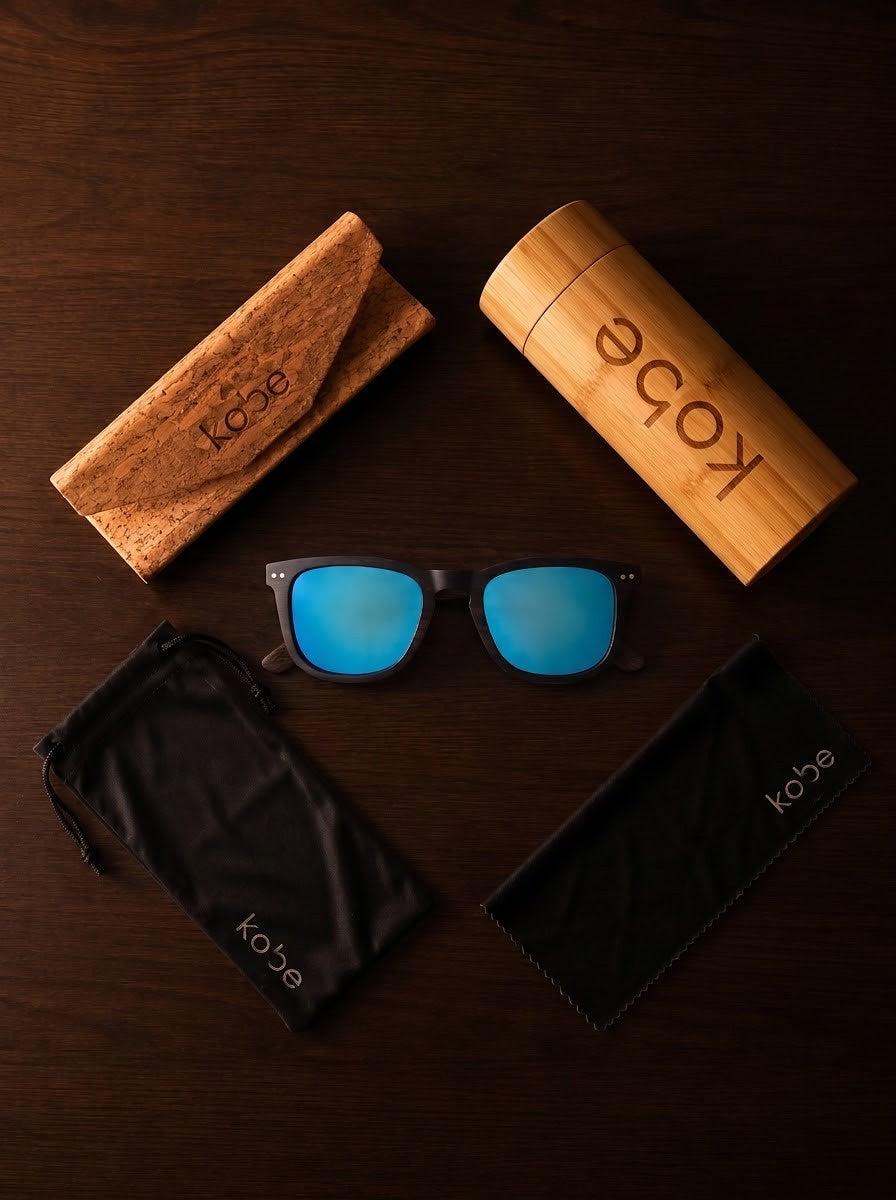 Oahu Ocean sunglasses with bamboo travel case, foldable cork case, microfibre pouch and microfibre cleaning cloth