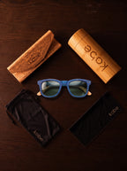 Oahu Skate Blue sunglasses with bamboo travel case, foldable cork case, microfibre pouch and microfibre cleaning cloth