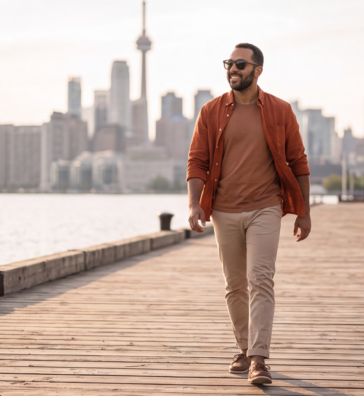 Man walking a waterfront boardwalk in Oahu Walnut sunglasses by Kobe Afrika