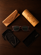 Oahu Walnut sunglasses with bamboo travel case, foldable cork case, microfibre pouch and microfibre cleaning cloth