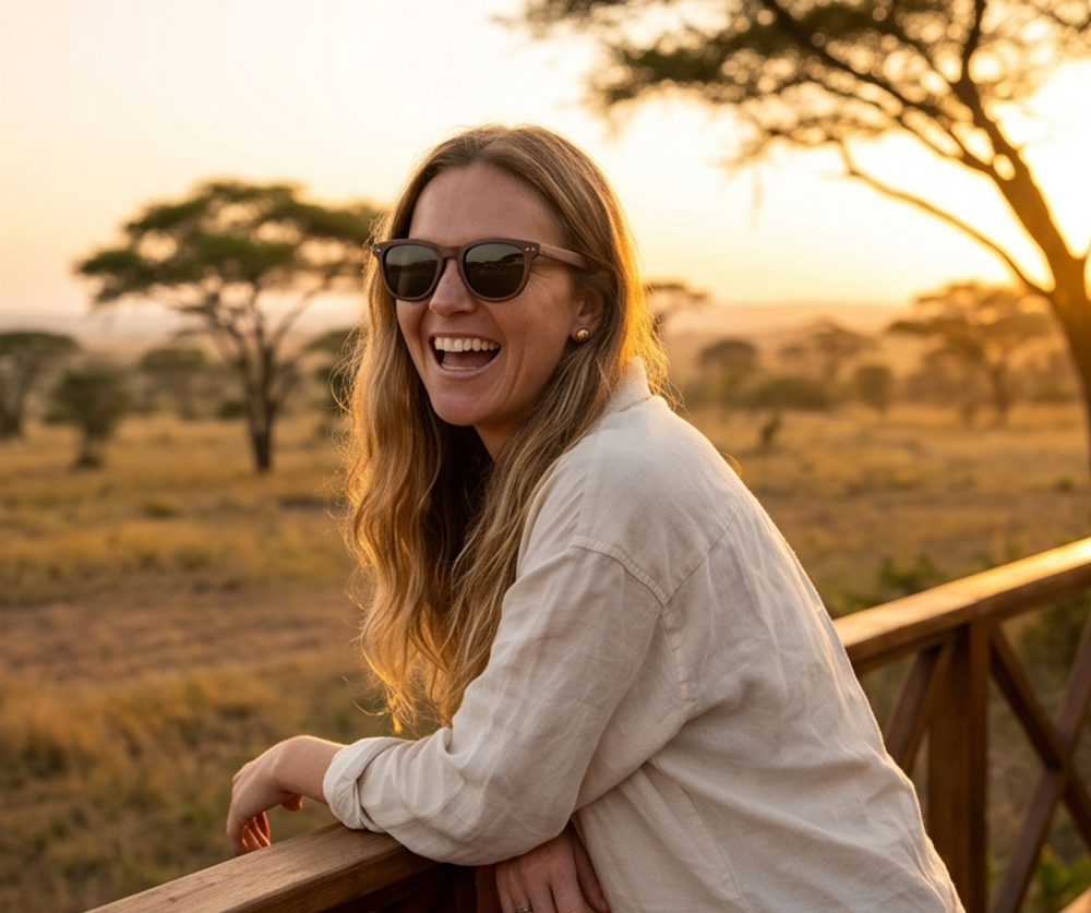 Woman laughing on a lodge deck at sunset in Oahu Walnut sunglasses by Kobe Afrika