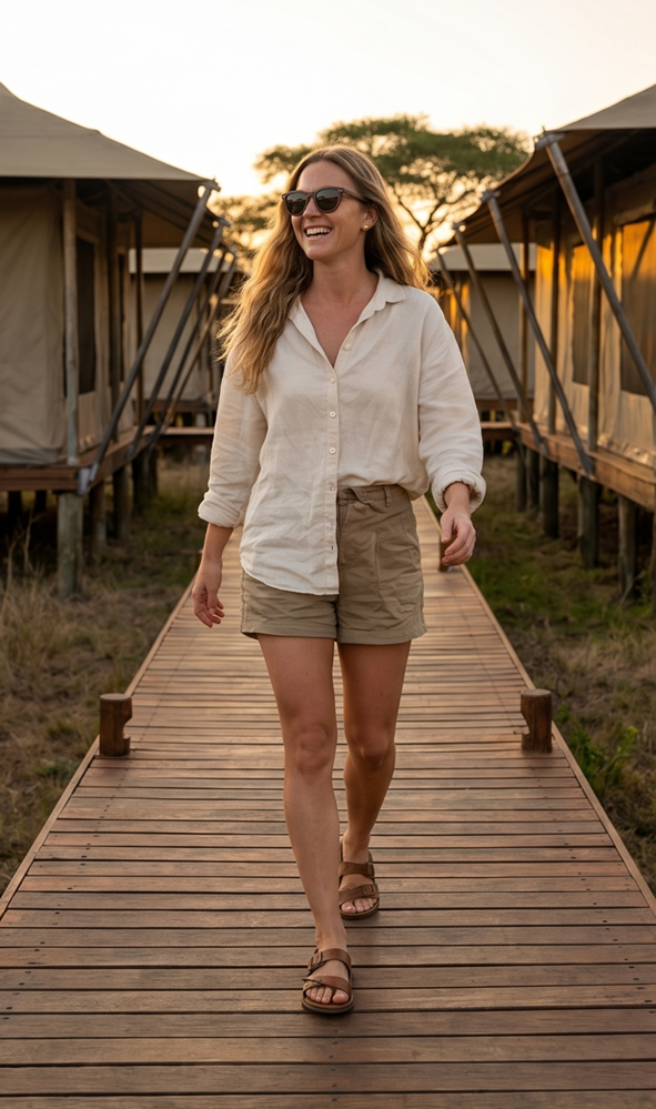 Woman on a safari lodge boardwalk in Oahu Walnut sunglasses by Kobe Afrika