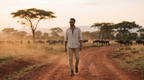 Man on a dirt road with a buffalo herd behind, wearing Pablo Walnut sunglasses by Kobe Afrika