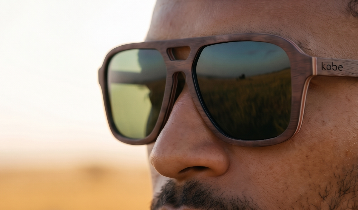 Close-up of Pablo Walnut sunglasses by Kobe Afrika on a man, showing the wood grain and lens