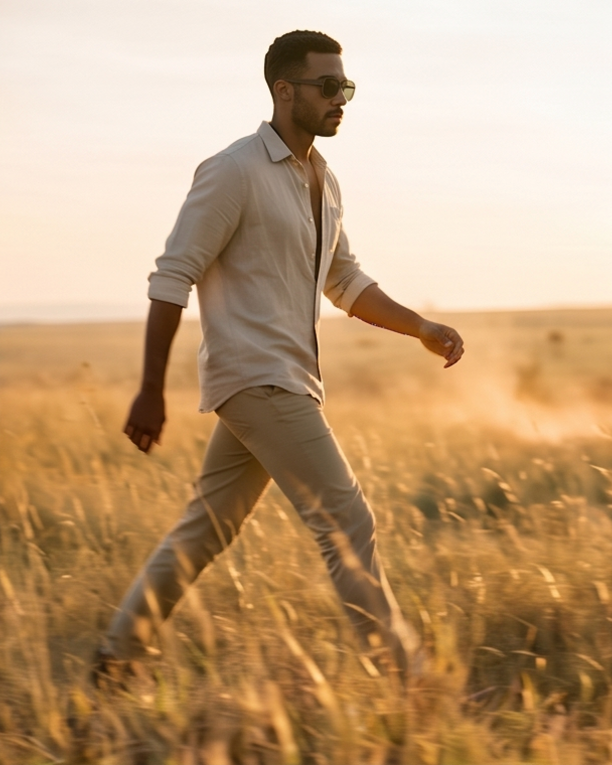 Man walking through golden grassland in Pablo Walnut sunglasses by Kobe Afrika