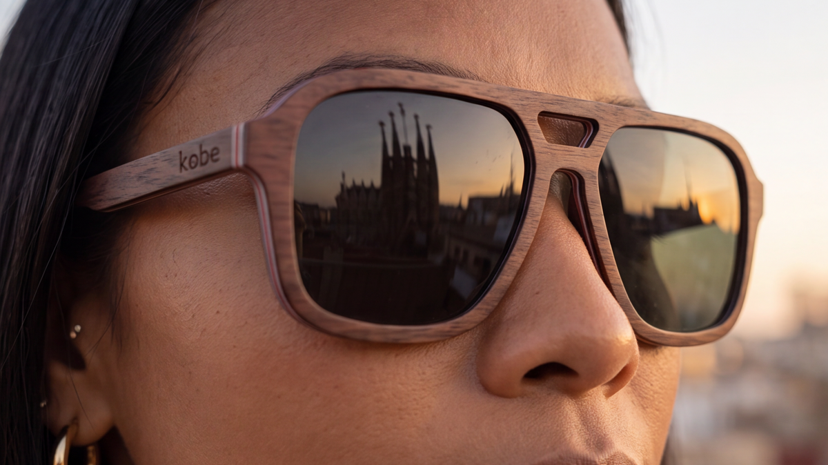 Close-up of Pablo Walnut sunglasses by Kobe Afrika on a woman, showing the wood grain and lens