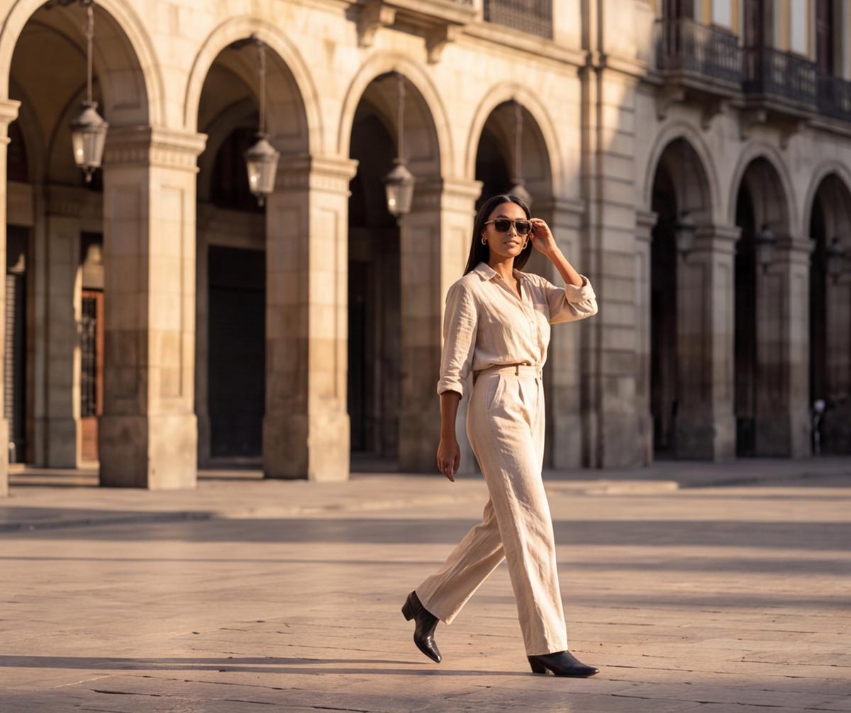 Woman walking through a stone arcade in Pablo Walnut sunglasses by Kobe Afrika