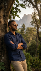 Man leaning on a tree in mountain forest wearing Sahara Walnut sunglasses by Kobe Afrika