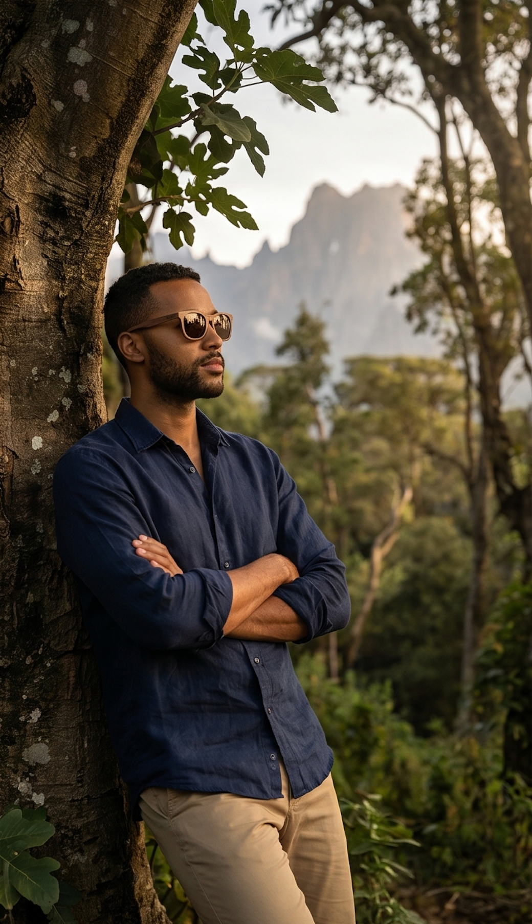 Man leaning on a tree in mountain forest wearing Sahara Walnut sunglasses by Kobe Afrika
