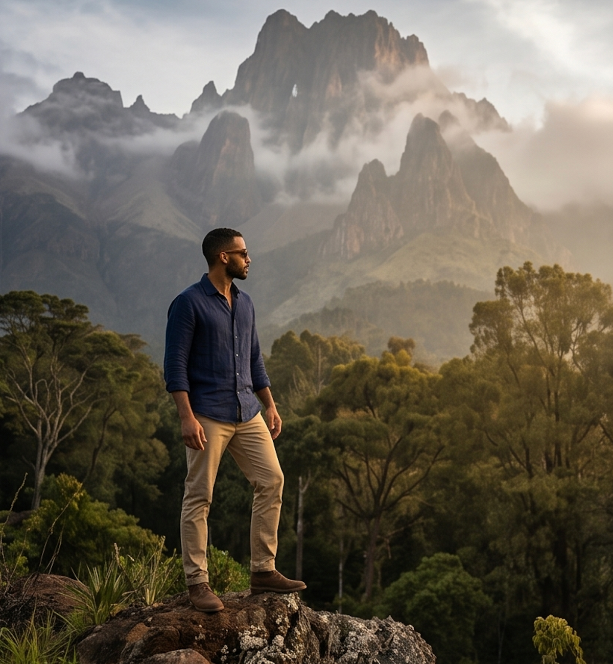 Man standing on a rock below misty mountains in Sahara Walnut sunglasses by Kobe Afrika